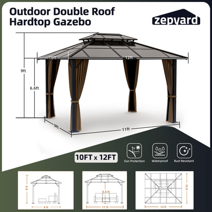 ZEPYARD Hardtop Gazebo 10x12 FT Polycarbonate Double Roof with Netting and Curtains, Metal Aluminum Outdoor Gazebo for Backyard, Patio, Deck (Brown)