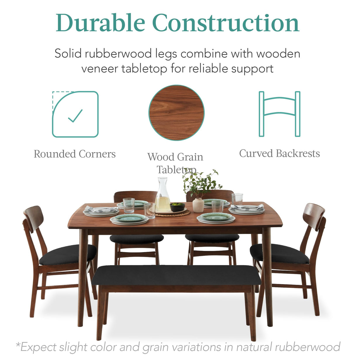 Best Choice Products 6-Piece Wooden Dining Set, Mid-Century Modern Table & Upholstered Chair Set w/Bench Seat, Rubberwood Legs - Walnut/Charcoal Best Choice Products