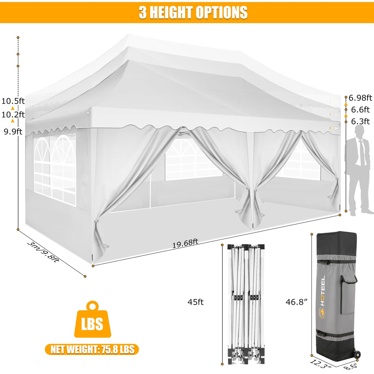 HOTEEL 10x20 Pop Up Canopy Tent for Parties, Waterproof Easy Setup Canopy Tent 10x20 with 6 Sidewalls, 4 Sandbags, Wheeled Bag, Outdoor Sunproof 10x20 Canopy for Backyard, Wedding, Event, Patio, White Hoteel