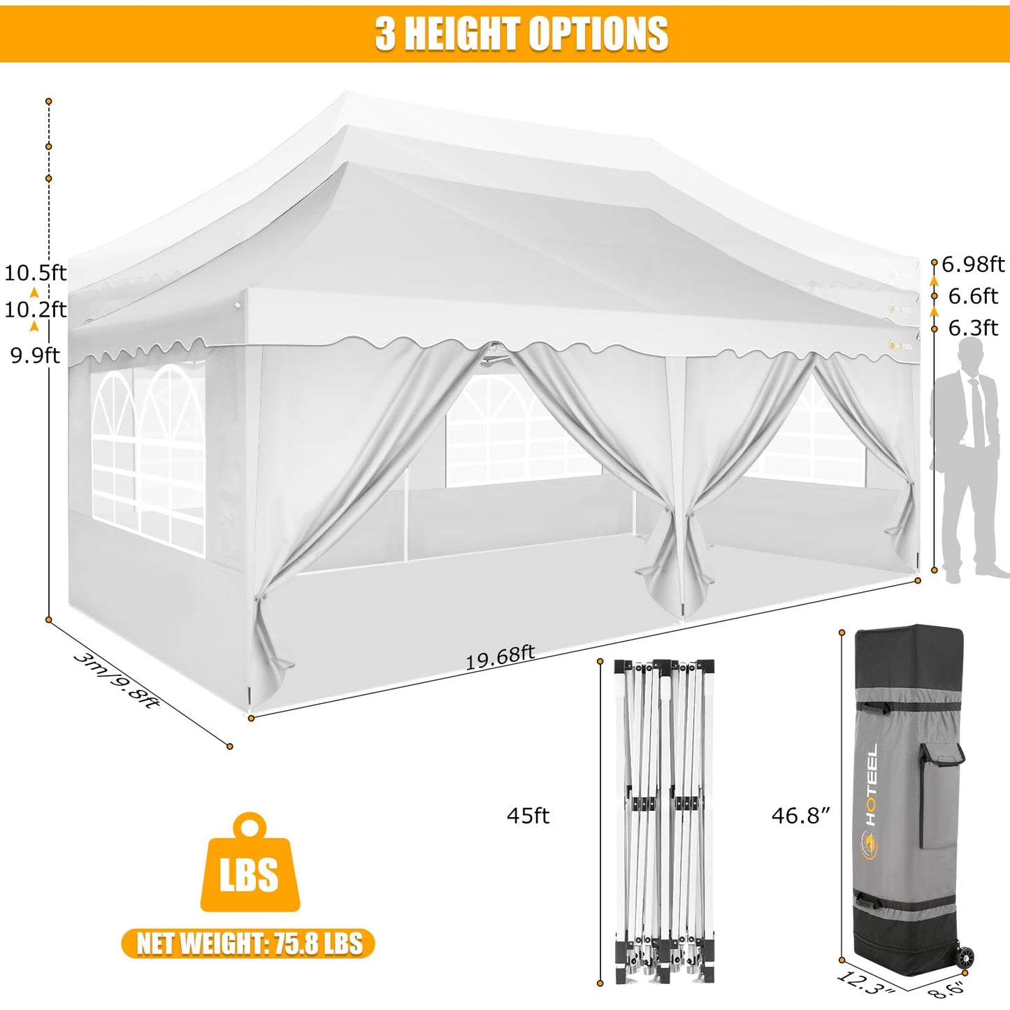 HOTEEL 10x20 Pop Up Canopy Tent for Parties, Waterproof Easy Setup Canopy Tent 10x20 with 6 Sidewalls, 4 Sandbags, Wheeled Bag, Outdoor Sunproof 10x20 Canopy for Backyard, Wedding, Event, Patio, White