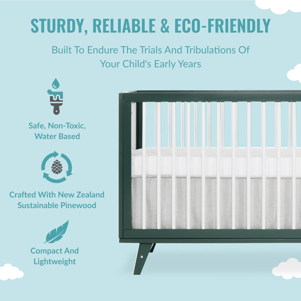 Dream On Me Carter 5-in-1 Full Size Convertible Crib / 3 Mattress Height Settings/JPMA Certified/Made of New Zealand Pinewood/Sturdy Crib Design, Olive & White Dream On Me