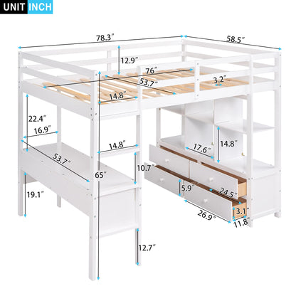 Merax Full Size Loft Bed with Built-in Desk, Drawers, and Storage Solutions in White - WoodArtSupply