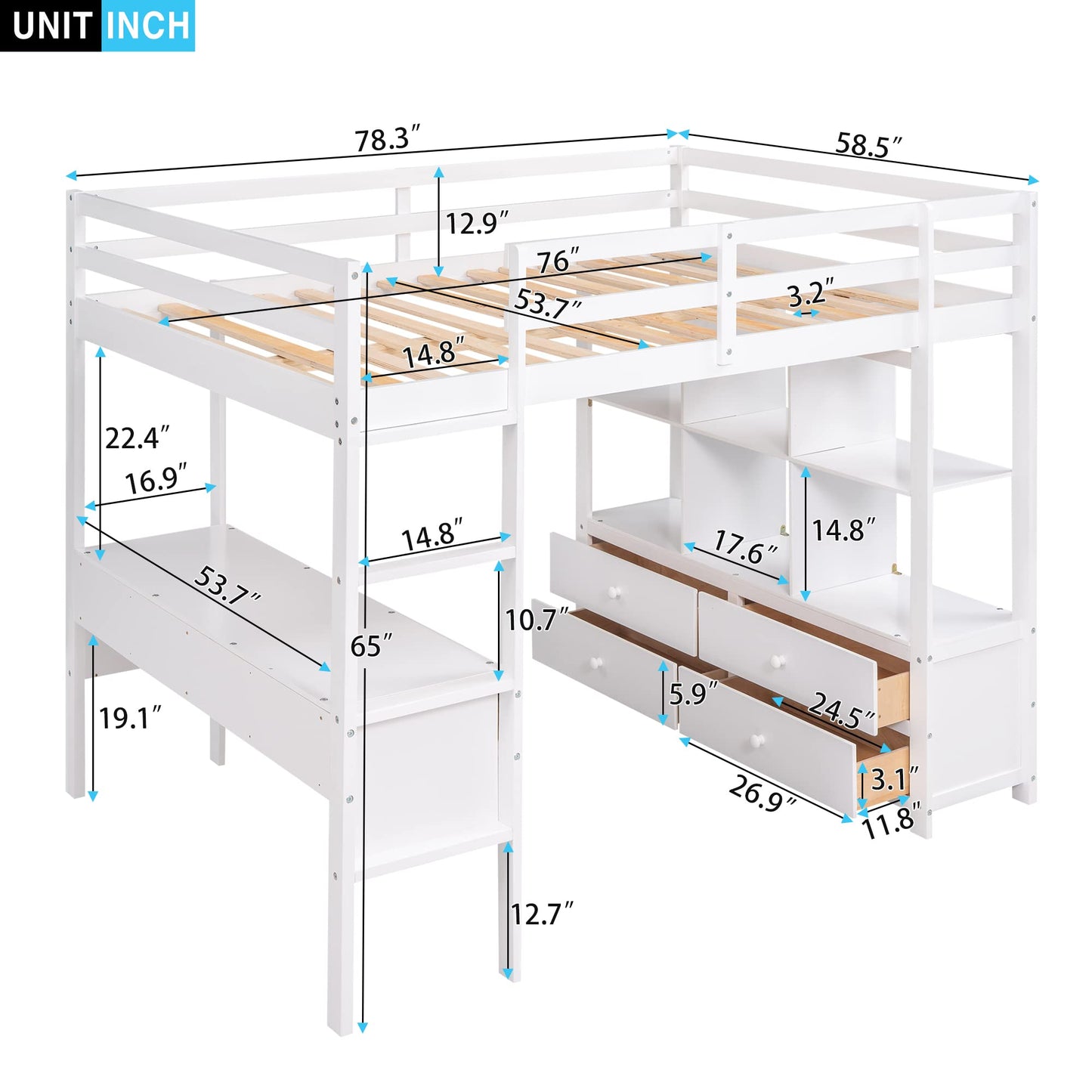 Merax Full Size White Loft Bed with Desk, Drawers, and Storage Shelves - WoodArtSupply