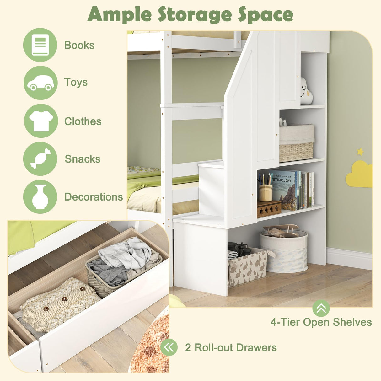 KOMFOTT Wood Twin Over Twin Bunk Bed with Storage Drawers & Stairs, Bunk Beds with Bookcase & Safety Guardrail, Solid Wood Slatted Bunk Bed for Kids Teens Adults, No Box Spring Needed (White) KOMFOTT