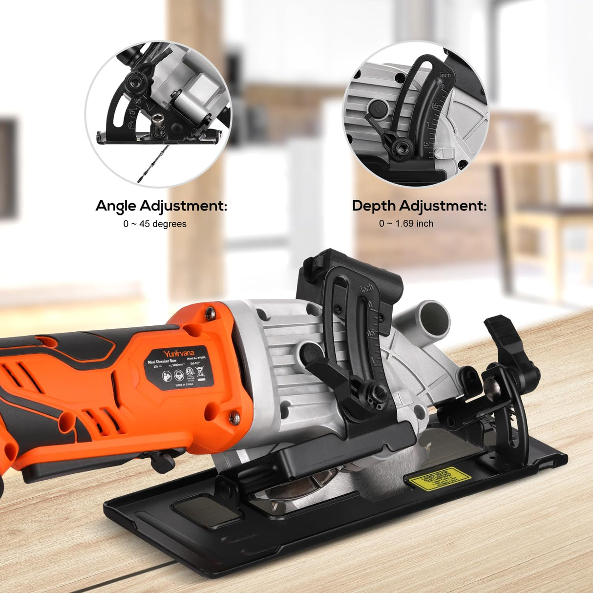 Yunirvana Mini Circular Saw, 20V 3400RPM Professional Cordless Circular Saw, Adjustable Angle and Depth,Max Cutting Depth 1-2/3"(90°), 1-1/8"(45°), Laser Guide, Rip Guide Yunirvana