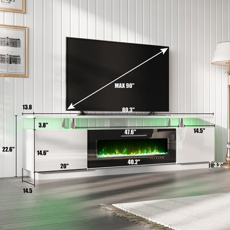 AMERLIFE Fireplace TV Stand with 40" Fireplace, 80" Modern High Gloss Fireplace Entertainment Center LED Lights, 2 Tier TV Console Cabinet for TVs Up to 90", Ivory White AMERLIFE