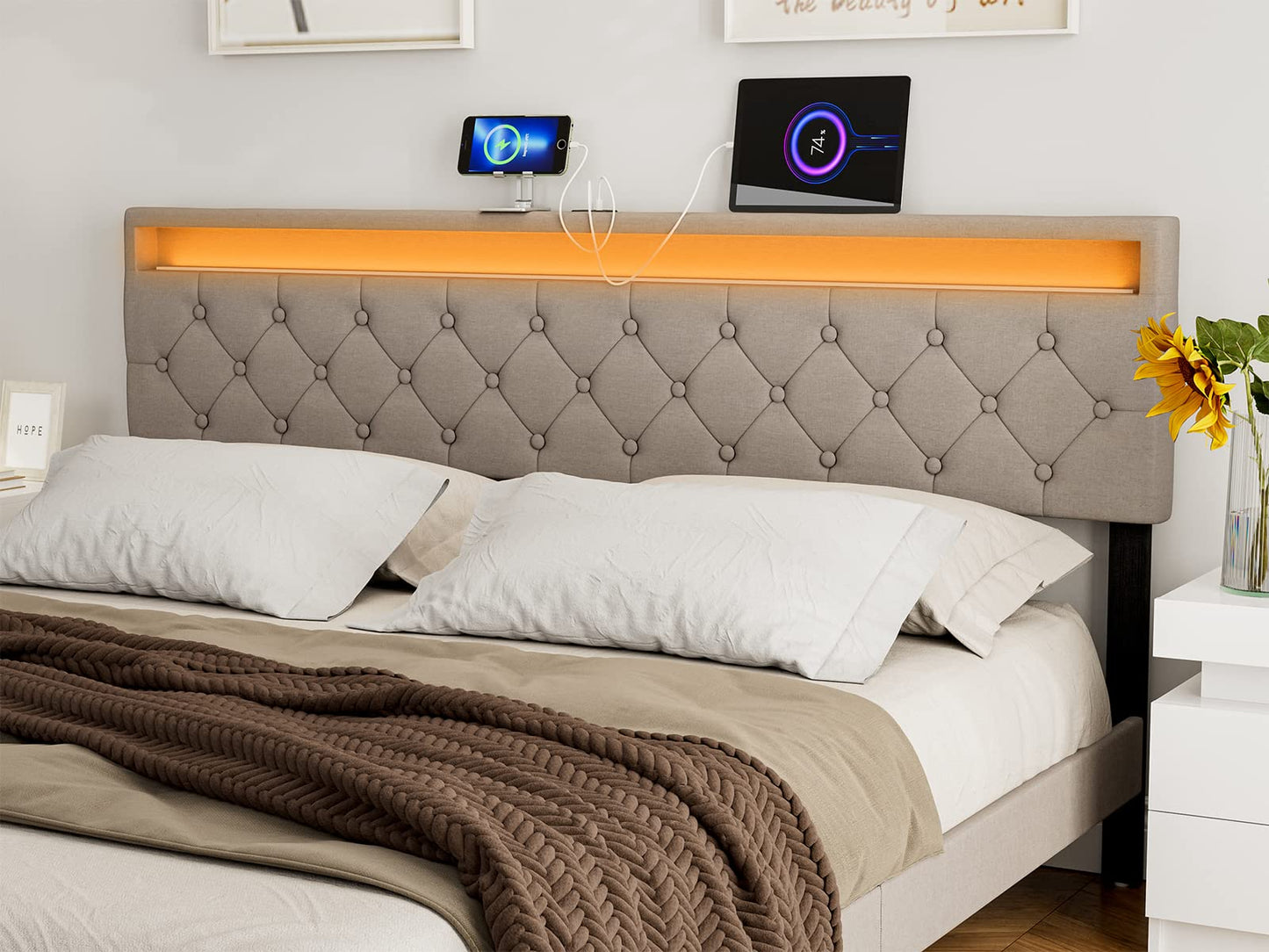 IKIFLY Adjustable King Size Upholstered Headboard with LED Lights & USB Ports in Light Brown - WoodArtSupply