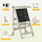 Toddler Tower Foldable, Kitchen Step Stool Helper with Safety Railing & 3 Adjustable Heights, Standing Tower with Double-Sided Drawing Board, Montessori Kitchen Tower for Toddlers/Kids Learning (Grey) SAUCE ZHAN