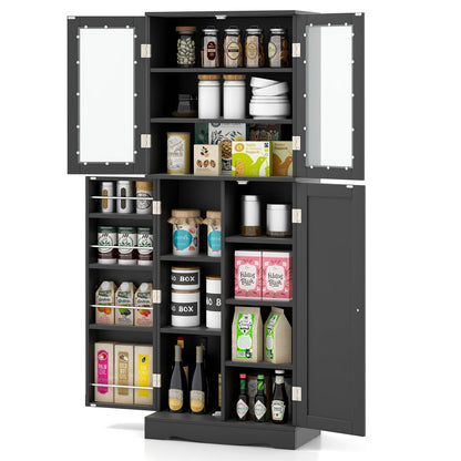 Nightcore Kitchen Pantry Cabinet, 63.5” Tall Food Pantry w/Glass Doors, Shelves with Baffle, Freestanding Kitchen Cupboard, Wooden Kitchen Hutch for Kitchen Dining Room, Living Room (Black)