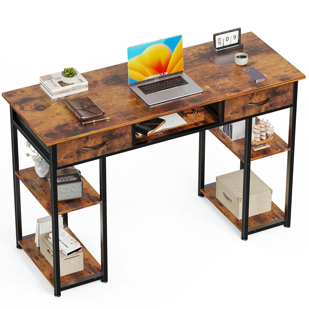 Sweetcrispy Computer Desk 48 Inch Home Office Bedroom Writing Study PC Table with Fabric Drawers Storage Shelves Space Side Bag Headphone Hook Metal Frame Adjustable Feet Modern Simple Style Sweetcrispy