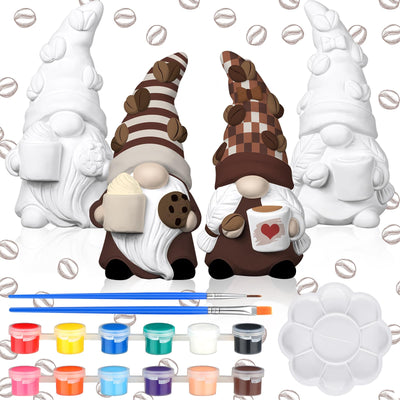 Hollowfly 2 Set Ready to Paint Your Own Gnome Statue, 4" Mini Paintable Ceramics Blank Gnome Figurine Craft DIY Art with Brush Palette Paint for Adult Mother Employee Appreciation Gift (Coffee Style)