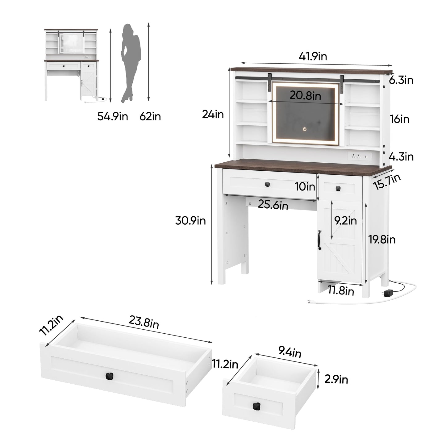 White Makeup Vanity Desk with Power Outlet 42"W Farmhouse Vanity Table with Sliding Mirror and Adjustable 3-Mode Lights Girls Dressing Table with Adjustable Shelves and Side Cabinet for Bedroom