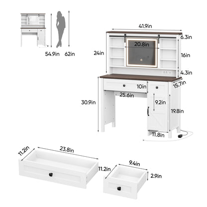 White Makeup Vanity Desk with Power Outlet 42"W Farmhouse Vanity Table with Sliding Mirror and Adjustable 3-Mode Lights Girls Dressing Table with Adjustable Shelves and Side Cabinet for Bedroom