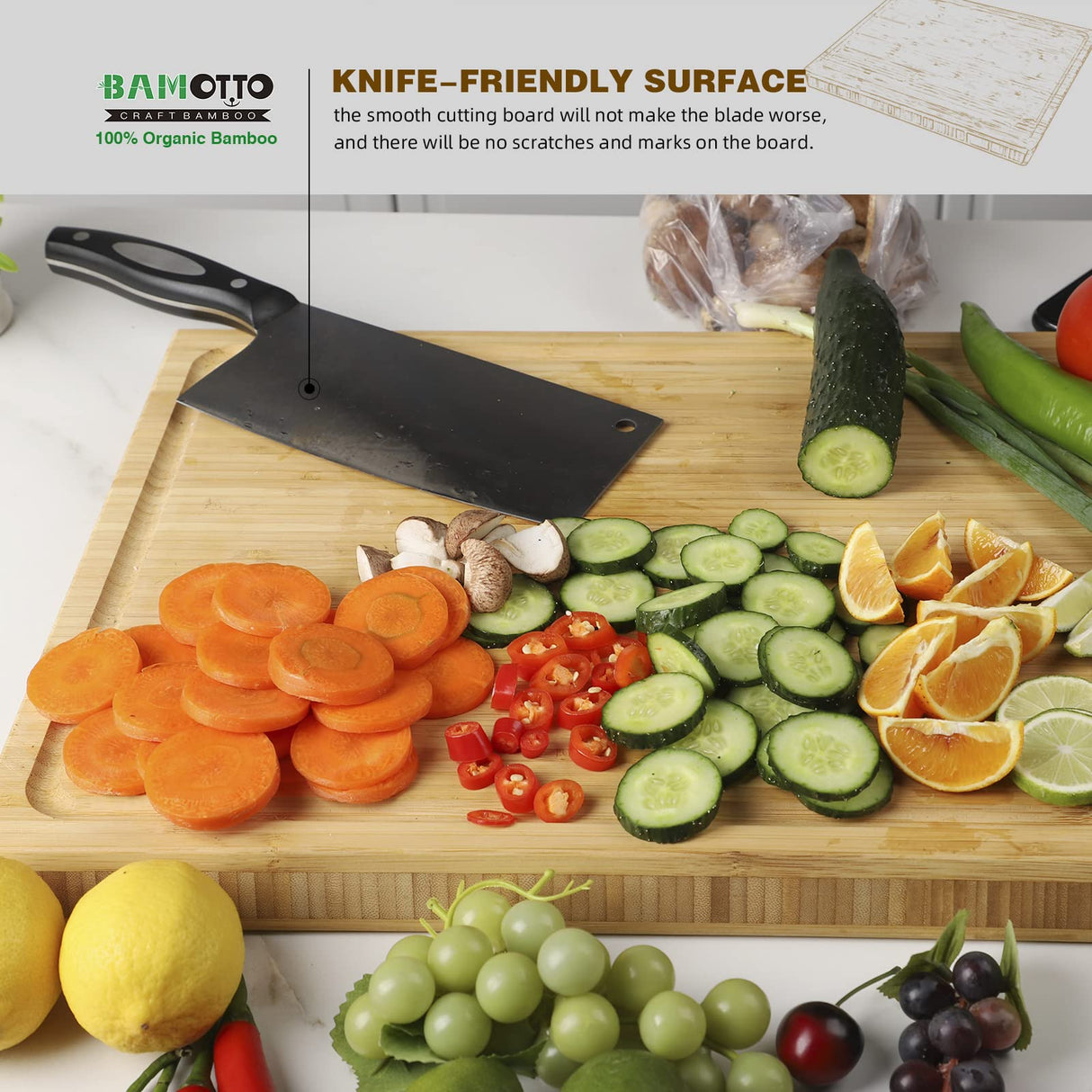 BAMOTTO 1.4" Thick Bamboo Cutting Board, Kitchen Heavy Duty Butcher Block Chopping Board with Juice Groove, for Meat, Turkey, Pork Ribs & Vegetables, 100% Organic Bamboo, 17.7" x 13.2" BAMOTTO CRAFTBAMBOO