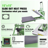 CoolSub Heat Press 15x15 Slide Out Heat Press Machine, Industrial Digital Heat Transfer Machine Sublimation for T-Shirt Green White CoolSub