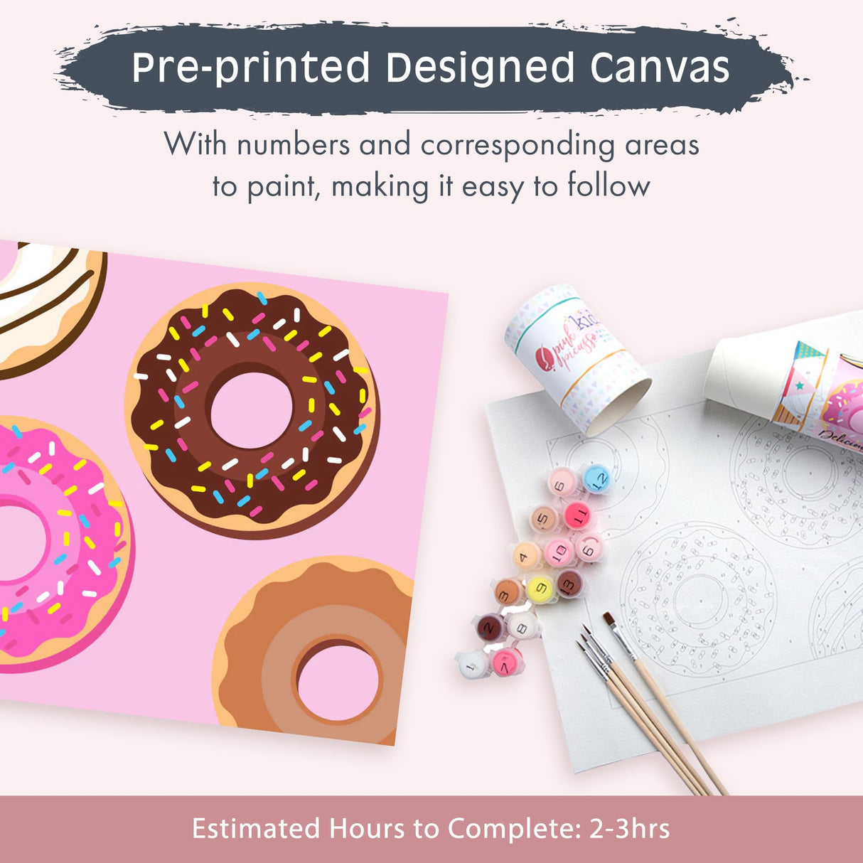 Pink Picasso Kits Paint by Number for Kids | DIY 8x10 Beginner Color by Numbers Canvas Painting Art Kits | Delicious Doughnuts Pink Picasso