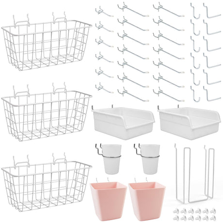 Pegboard Basket Organizers, Peg Board Large Baskets Hooks Bins Cups Tool Organizer 42 Pack Set, Wall Storage Display Hanging Accessories for Craft Office Stadio Shed Garage Organization (White & Pink) G.CORE