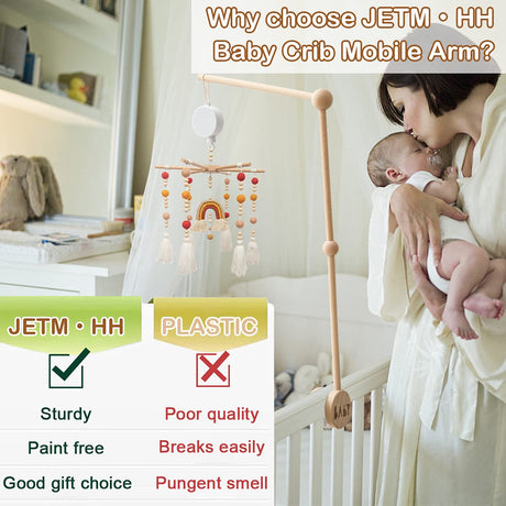 JETM·HH Baby Crib Mobile Arm Wooden Holder 30 inch Beech Hangers with Rotating Music Box Nursery Decor Attachment Safe Anti Slip Set JETM·HH