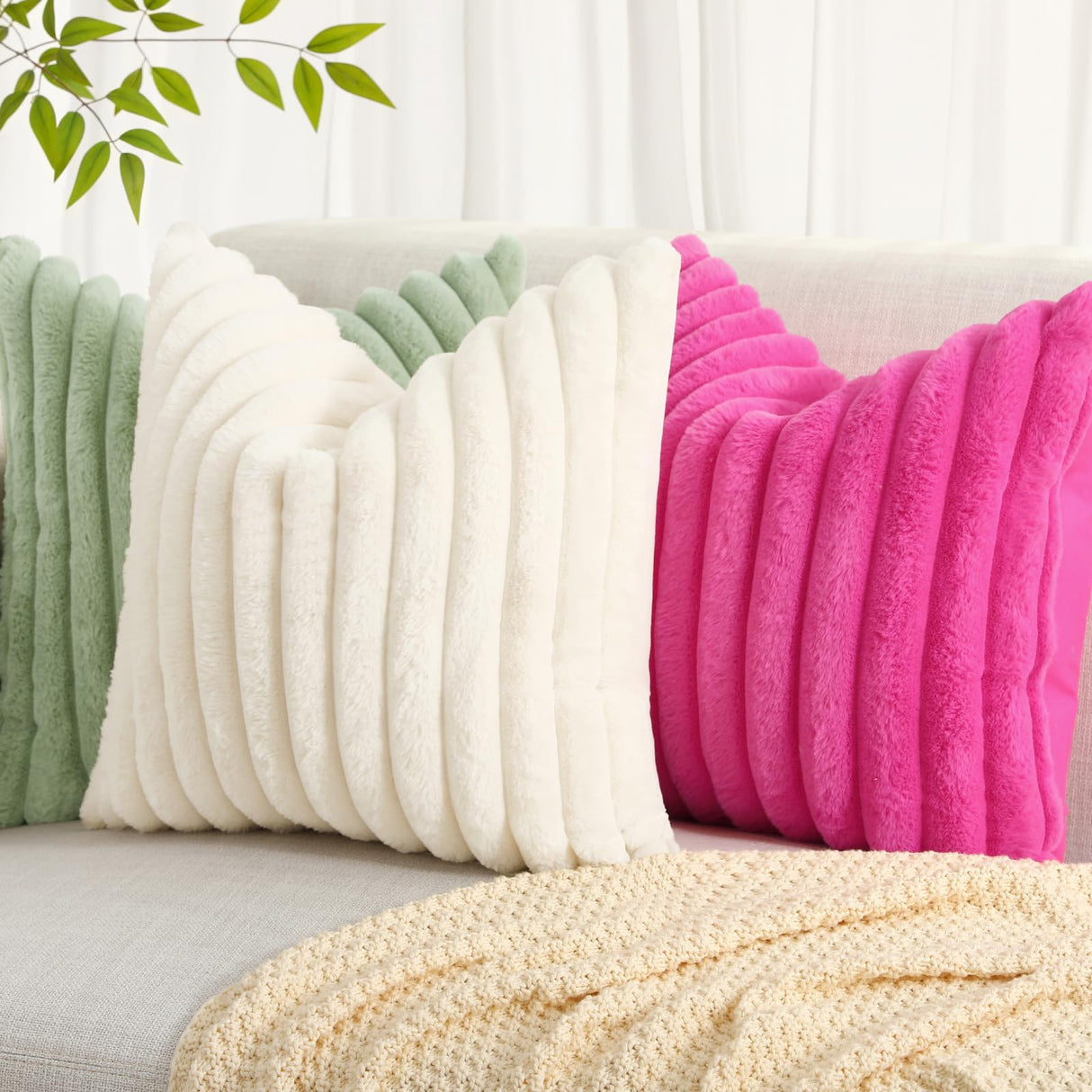 decorUhome Faux Fur Christmas Throw Pillow Covers 18x18 Set of 2, Decorative Soft Plush Striped Neutral Couch Euro Pillow Covers with Velvet Back for Sofa, Bed, Living Room Home Decor, Cream White decorUhome