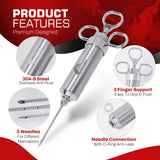Vecolex 304 Stainless Steel Meat Injector Syringe-2 Oz Meat Injectors For Smoking with 3 Needles 3 Brushes-Spare O Rings-Food Injector for BBQ,Turkey & Brisket (Stainless Steel) Vecolex
