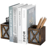 MyGift Rustic Burnt Wood Decorative Bookends with Corrugated Galvanized Metal Accent, Desktop Book Ends with Pen Holder Pencil Cup Stationery Storage Bins for Home Office, Classroom, Dorm Room, 1 Pair MyGift