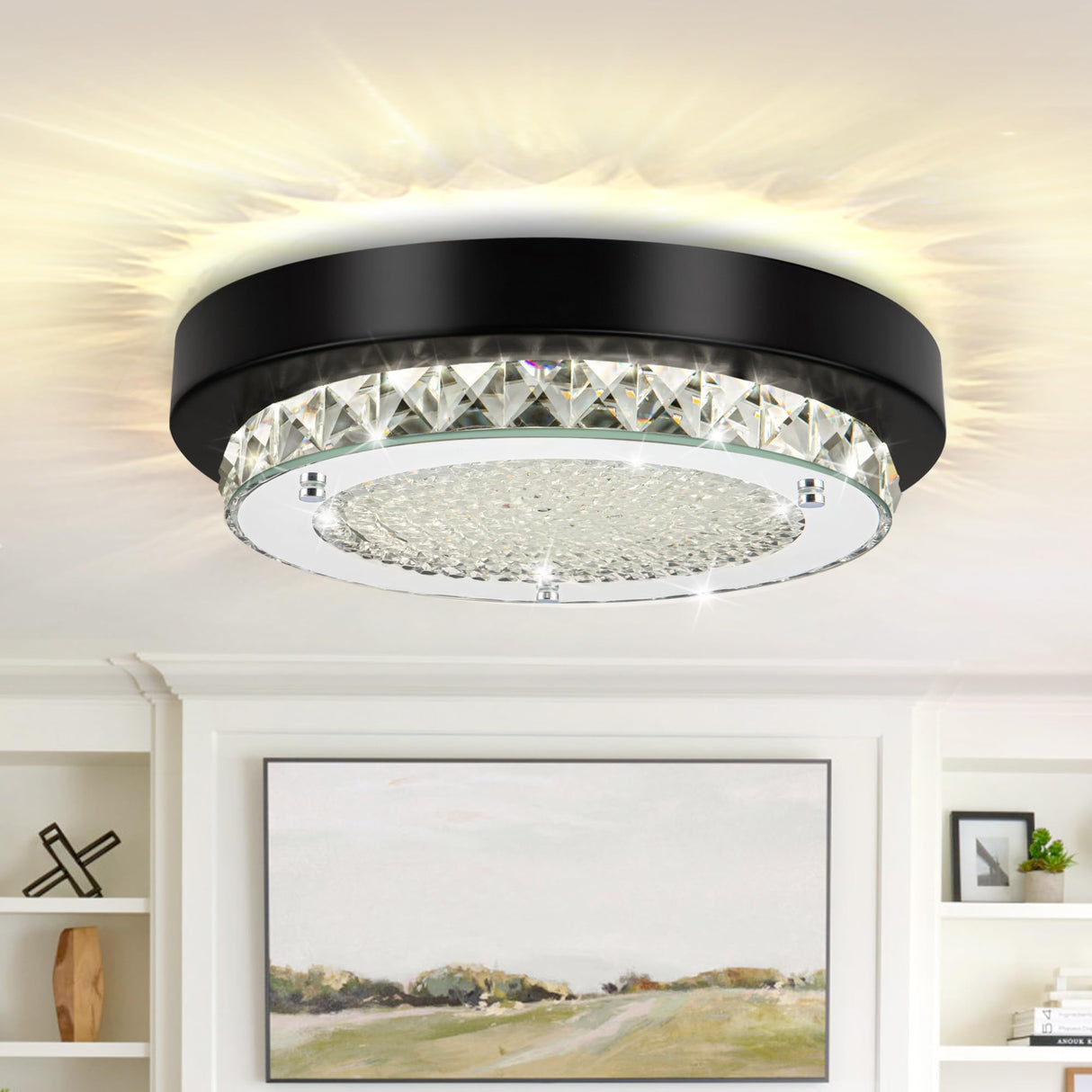 Knwjmv Ceiling Light Fixture Hallway Lighting Fixtures Ceiling 9In Bathroom Ceiling Light Crystal Ceiling Light Dimmable Black Flush Mount Ceiling Light Fixture for Bedroom, Living Room, Dining Room Knwjmv