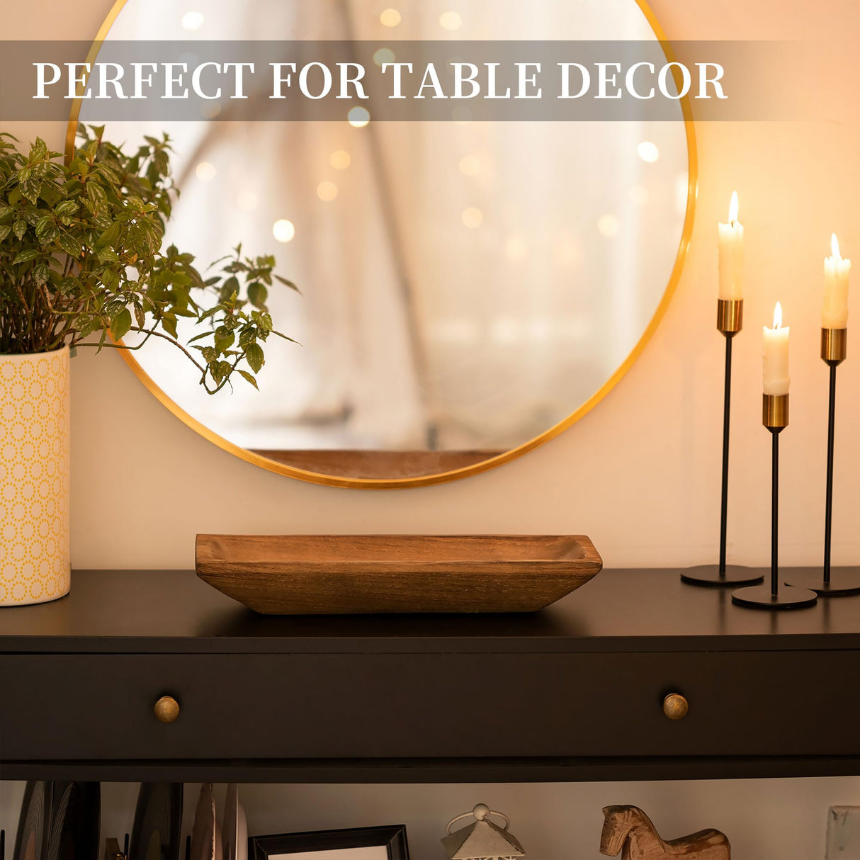 Hanobe Decorative Wooden Dough Bowl: Wood Table Centerpiece Decorations Rustic Natural Candle Holder Tray Trough for Dining Room Kitchen Decor, Brown Hanobe