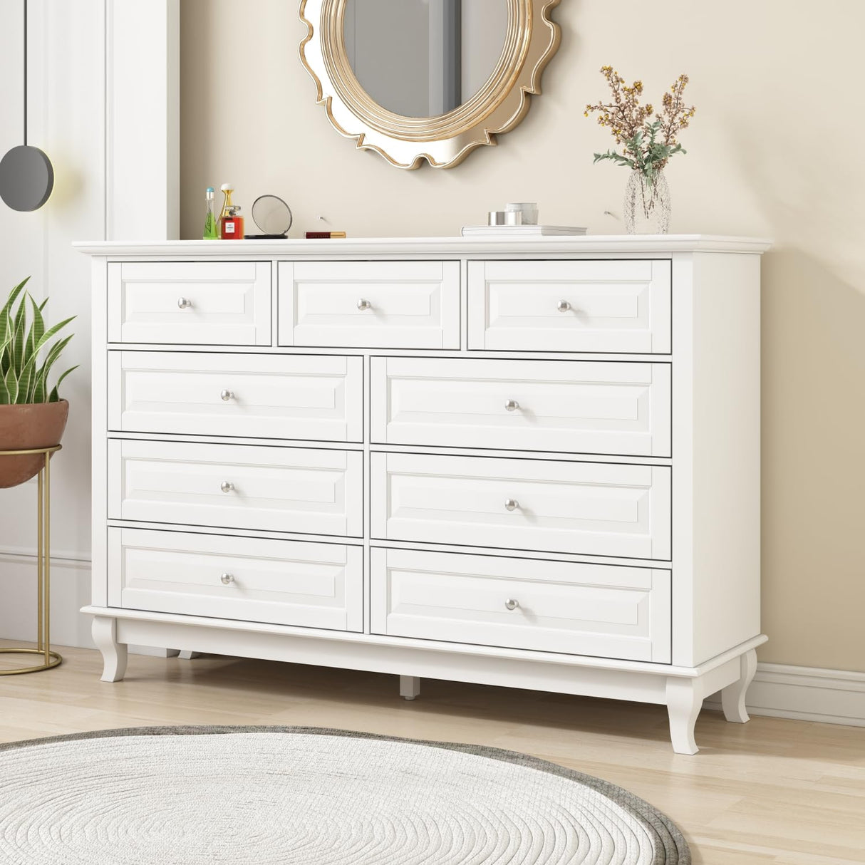 ECACAD Tall 9 Drawer Double Dresser with Carved Drawer Fronts & Solid Legs, 55.1" L White Modern Wood Storage Chest of Drawers for Bedroom, Living ECACAD
