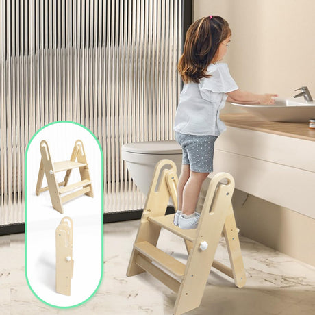 WOOD CITY Toddler Step Stool Foldable for Bathroom Sink, Adjustable 2 Step Stool for Kids Toilet Potty Training Stool with Handles,Child Kitchen Counter Stool Helper, Montessori Kitchen Stools WOOD CITY