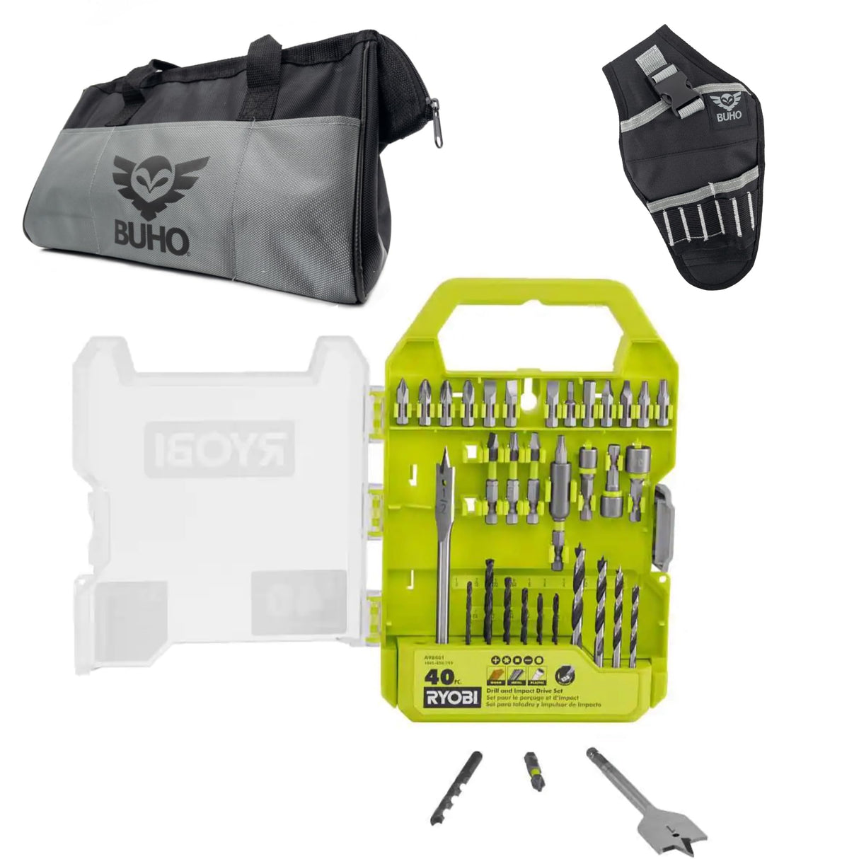 6 Power Tools Combo Kit Bundle with Buho Tool Bag, and Holster, 6 Ryobi Tools, 2 Batteries, Charger, and 40 Piece Drill Bit Set Buho