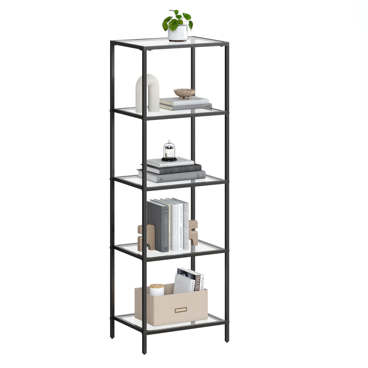 VASAGLE Bookcase, 5-Tier Bookshelf, Slim Shelving Unit for Bedroom, Bathroom, Home Office, Tempered Glass, Steel Frame, Ink Black ULGT029B61 VASAGLE