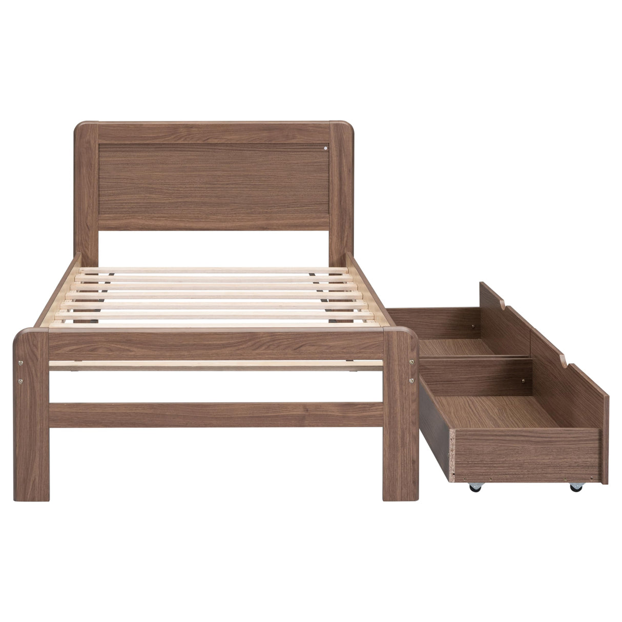 Twin Size Bed Frame with Storage Drawers,Solid Wood Platform Bed with Headboard,Twin Bed Frames for Kids,Teens,Adults,No Spring Needed,Walnut Bellemave