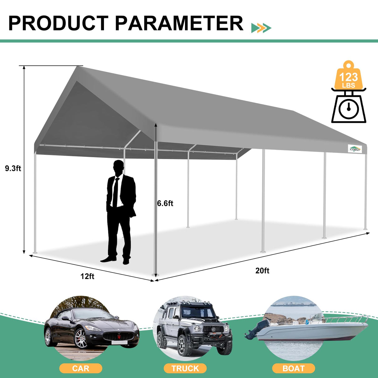 COBIZI Carport 12'x20' Heavy Duty Portable Garage, Upgraded Car Canopy with Built-in Sandbags, UV Resistant Waterproof All-Season Tarp, Car Tent for Truck, Boat, SUV, Gray COBIZI