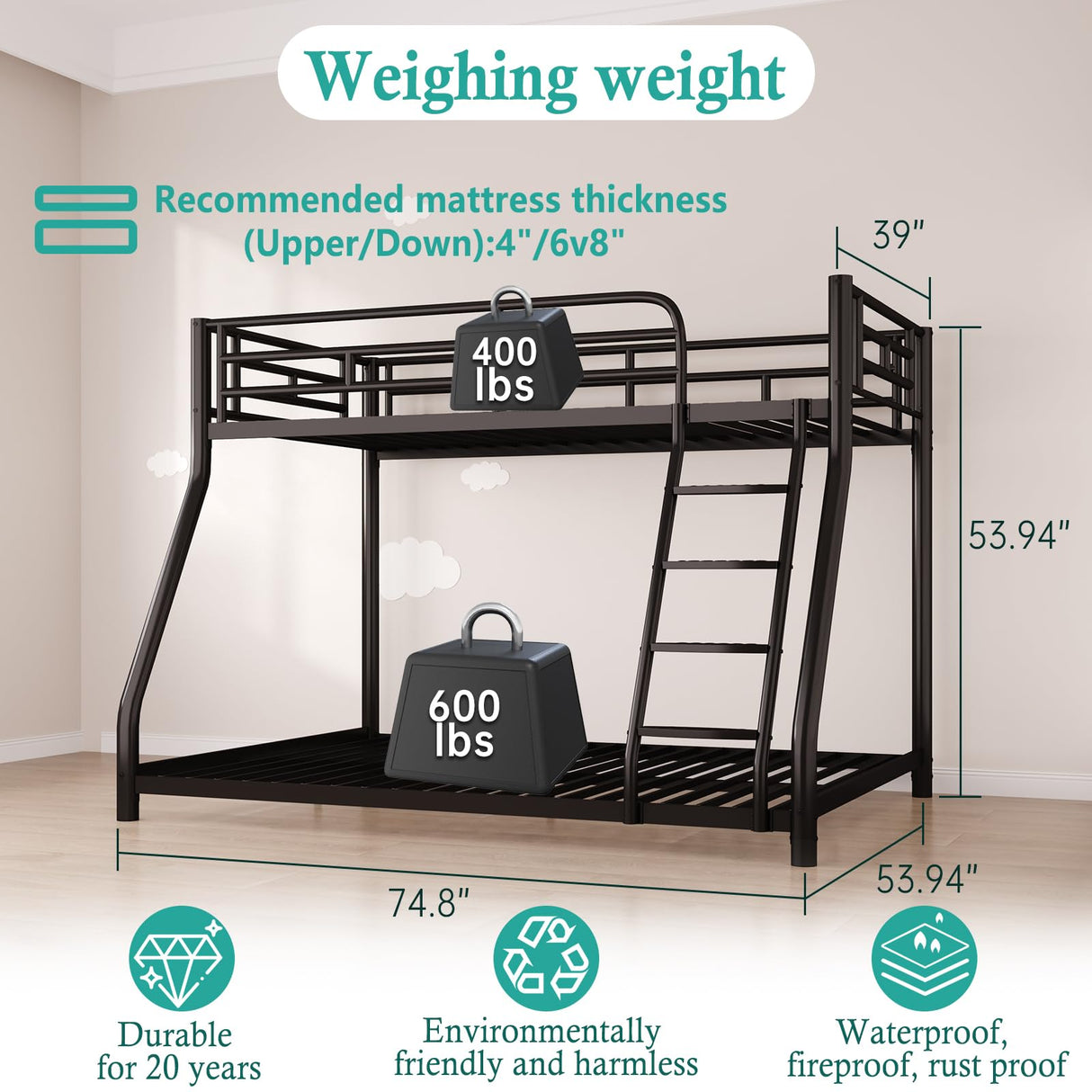 Metal Twin Over Full Bunk Bed，Bunk Beds Twin Over Full Size with Removable Wide Ladder and Full-Length Guardrail，Low Full BunkBeds Frame Heavy Duty steel Slat Support For Adults Kids and Young Teens erosoei