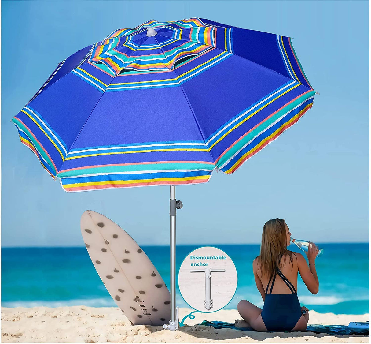 AMMSUN 7ft Heavy Duty High Wind Beach Umbrella Parasols with sand anchor & Tilt Sun Shelter, UV 50+ Protection Outdoor Sunshade Umbrellas Carry Bag for Patio Garden Pool Backyard Stripe Blue AMMSUN