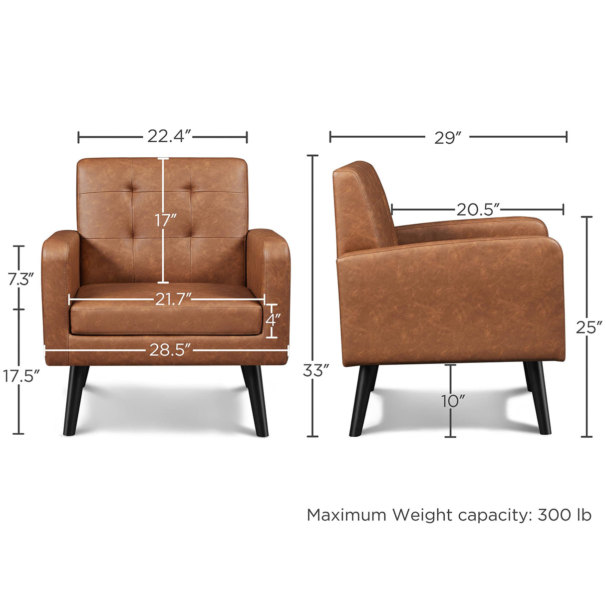 Yaheetech Mid-Century Accent Chairs, PU Leather Modern Upholstered Living Room Chair, Cozy Armchair Button Tufted Back and Wood Legs for Bedroom/Office/Cafe, Retro Brown Yaheetech