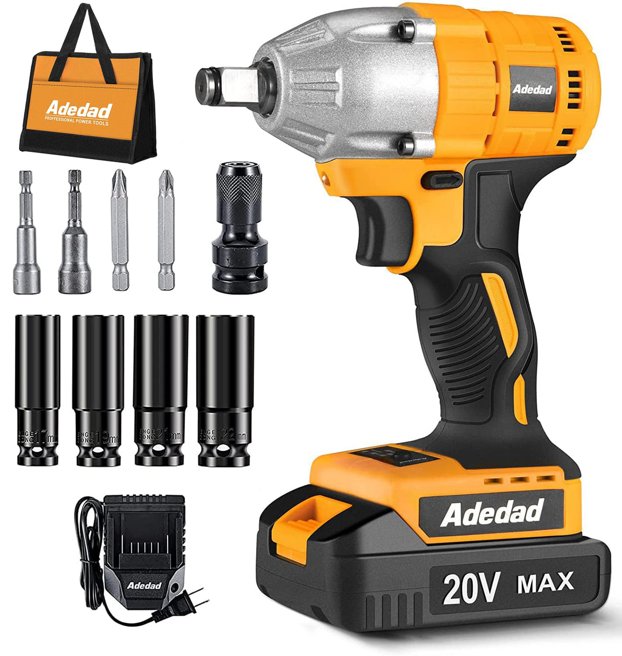 Adedad Brushelss Power Impact Wrench Set 1/2 inch 3000RPM Cordless Impact Gun with Battery and Fast Charger Lightweight 20V Impact Driver for Car,Home,DIY Adedad