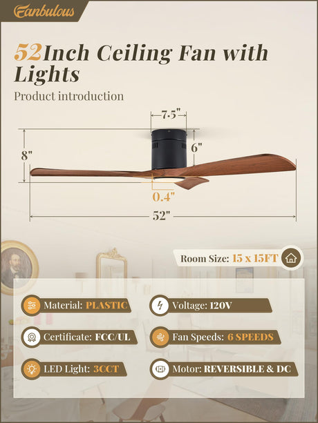 Fanbulous 52" Ceiling Fans with Lights and Remote Control,Modern Flush Mount Ceiling Fan with 3 LED Colors,Low Profile Ceiling Fans with 6-Speeds Reversible DC Motor for Bedroom Living Room Patio Fanbulous