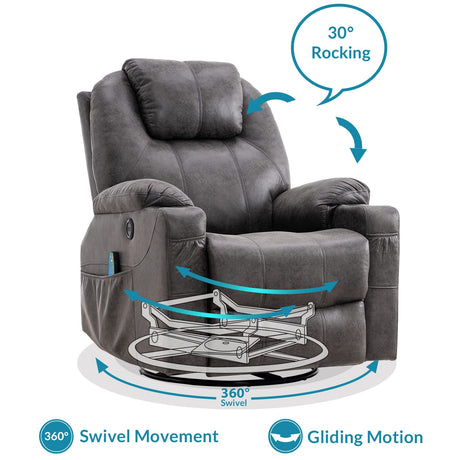 OUINCH Manual Swivel Glider Rocker Recliner Chair with Massage and Heat, 2 USB Ports, 2 Cup Holders, 2 Side Pockets and 2 Front Pockets, Bronze Suede Fabric (Grey) OUINCH