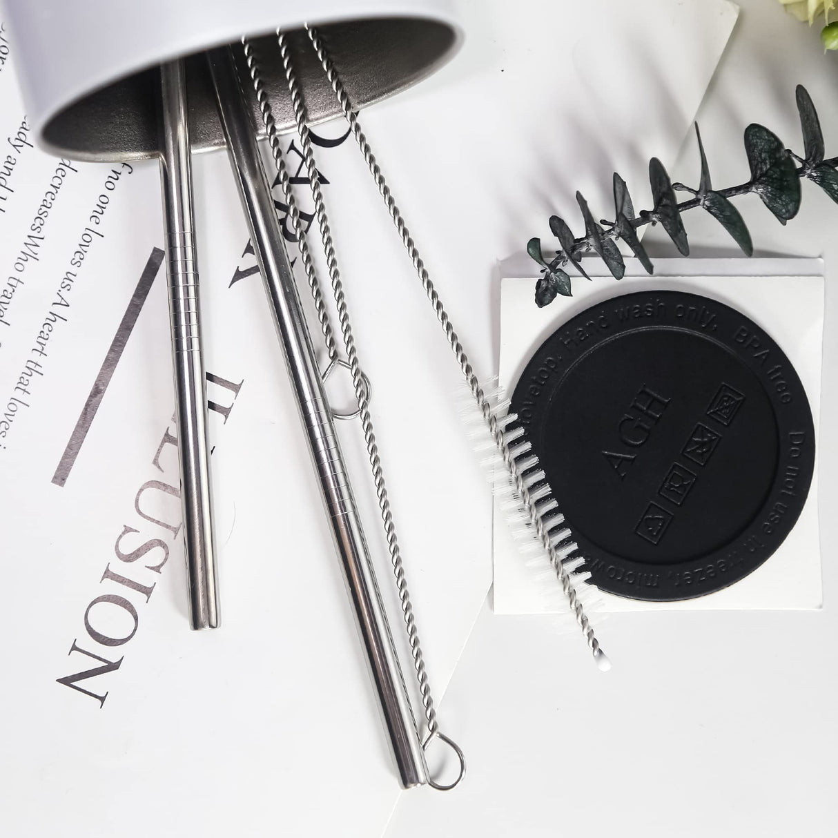 AGH 25-Pack Reusable Stainless Steel Metal Straws & Rubber Bottoms for Sublimation Tumblers 20 oz with 25-Pack Stainless Steel Metal Straws, 25-Pack Straw Cleaner Brush and 25-Pack Silicone Bottoms AGH