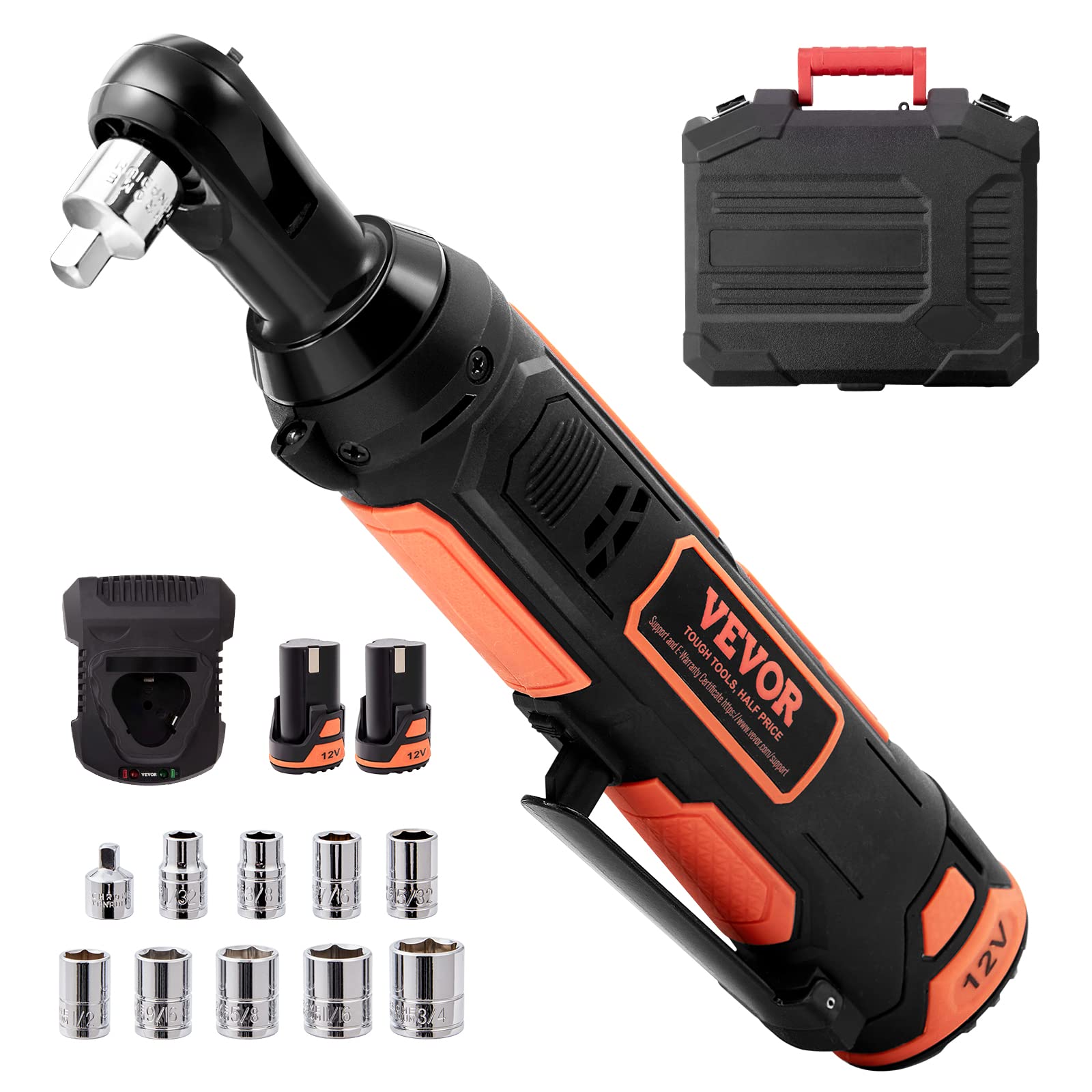 VEVOR 3/8" Cordless Electric Ratchet Wrench Set, 33 Ft-lbs 12V Power Ratchet Tool Kit with 45-Min Fast Charge, 2-Pack 2.0Ah Battery, Built-in LED Light, Variable Speed Trigger, 10 Sockets - WoodArtSupply