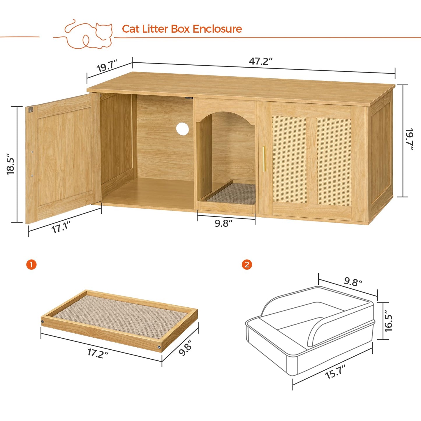 MAHANCRIS Cat Litter Box Enclosure for 2 Cats, Hidden Litter Box Furniture with Rattan Door, Boho Style Wooden Cat Washroom Furniture, 47.2" Side Table TV Stand for Living Room, Natural CWN13 - WoodArtSupply