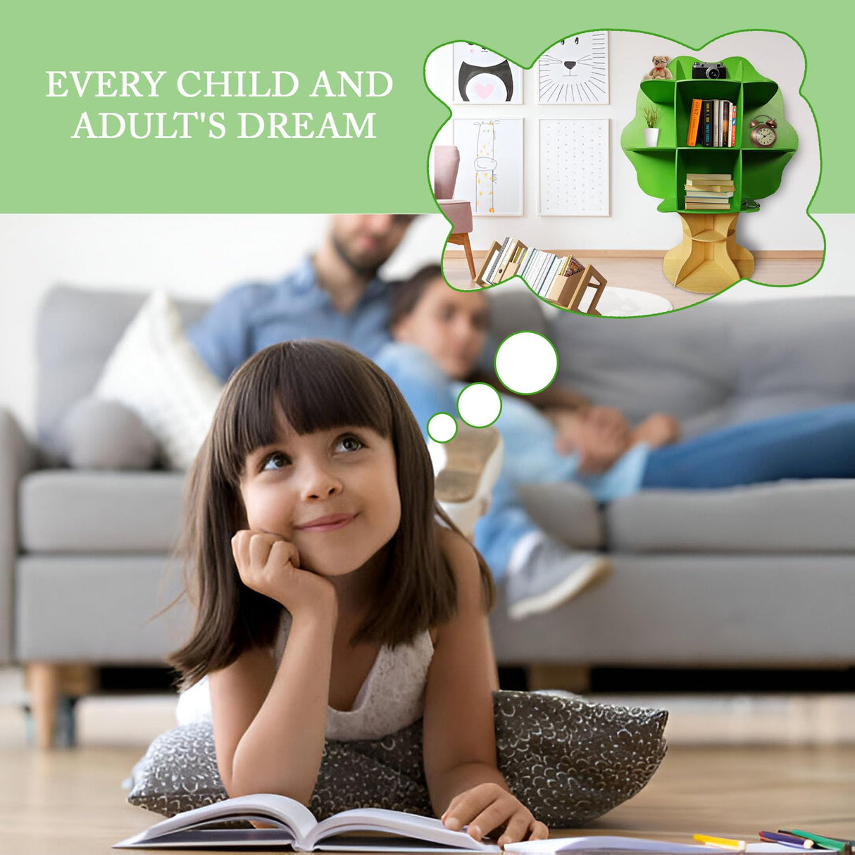 PrimeNex Tree Bookshelf, Floor Standing Tree Bookcase, Solid Wood Bookshelf for Kids Room, Classroom, Living Room, Home Office - Green PrimeNex