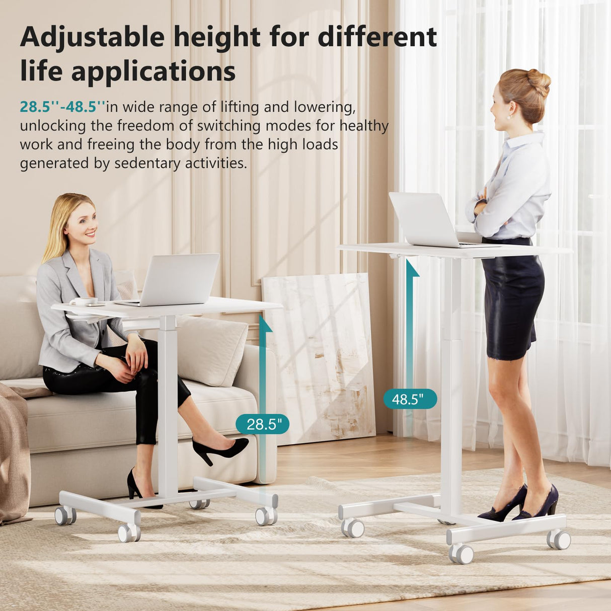 OLIXIS Small Standing Desk Adjustable Height, Portable Rolling Table on Wheels, 19 Inch Computer Mobile Desk Workstation for Home Office, White OLIXIS