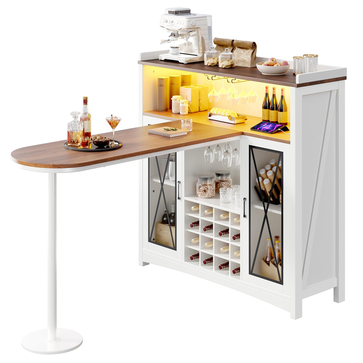 DWVO Home Bar Unit with LED Lights ＆ Wine Cabinet, Farmhouse Bar Cabinet with Wine Storage, Mini Bar Table Coffee Cabinet with Glasses Holder Hanger Footrest for Home Kitchen Pub, White&Walnut DWVO