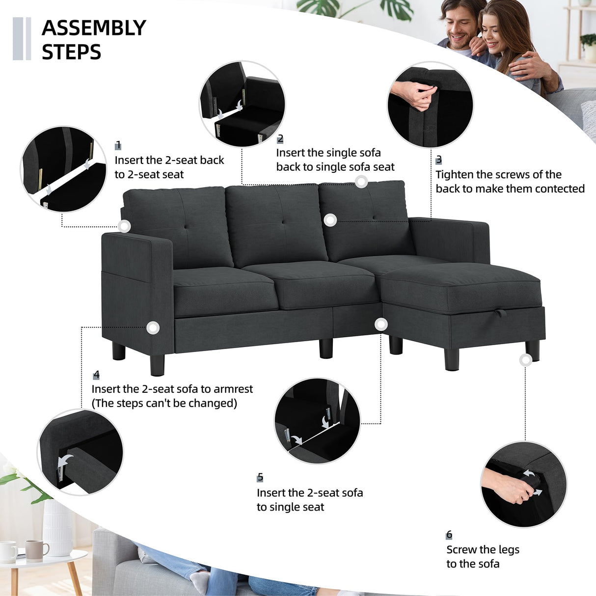 Shintenchi Convertible Sectional Sofa Couch, Modern Linen Fabric L-Shaped Couch 3-Seat Sofa Sectional with Reversible Chaise for Small Living Room, Apartment and Small Space (Black) Shintenchi