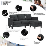 Shintenchi Convertible Sectional Sofa Couch, Modern Linen Fabric L-Shaped Couch 3-Seat Sofa Sectional with Reversible Chaise for Small Living Room, Apartment and Small Space (Black) Shintenchi