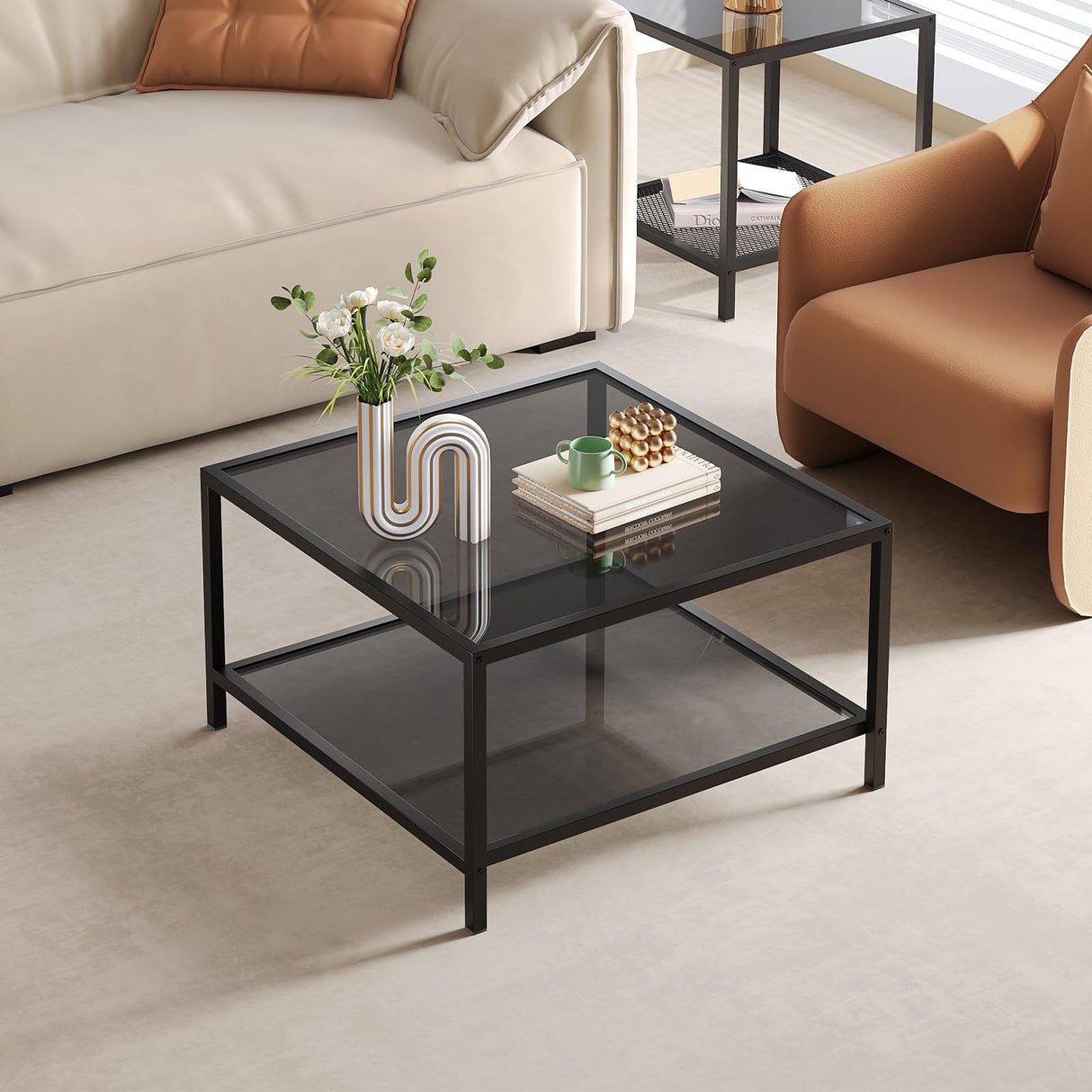 SAYGOER Modern Coffee Table Small Glass Coffee Table with Storage 2-Tier Simple Square Center Table for Living Room Home Office Sofa Table with Metal Frame 26.7 x 26.7 x 17.7 Inches, Gray Black SAYGOER