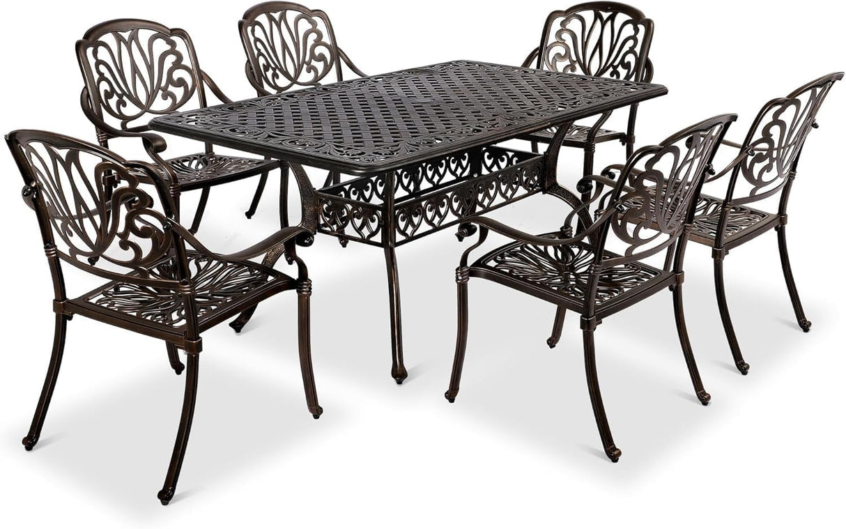 VINGLI 7-Piece Outdoor Dining Set, Cast Aluminum Patio Furniture Set for 6 with Umbrella Hole, Rectangular Outdoor Dining Table & 6 Stackable Chairs, All-Weather Garden/Poolside Dining Set Bronze VINGLI
