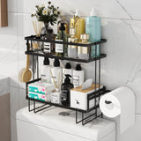 Godboat Bathroom Organizers and Storage, 2-Tier Over Toilet Storage, Bathroom Storage with 2 Hooks & Toilet Paper Holder, Wall Mounted Floating Shelves Furniture, Gifts for Women, Mothers Day (Black) Godboat